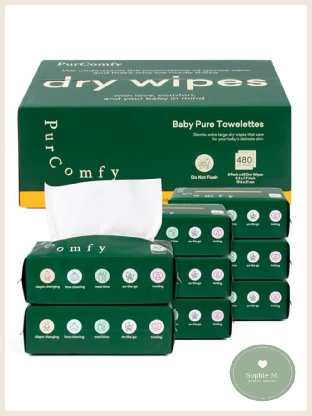 PurComfy Baby Dry Wipes 8 Pack 480 Count Plant-Based Hypoallergenic